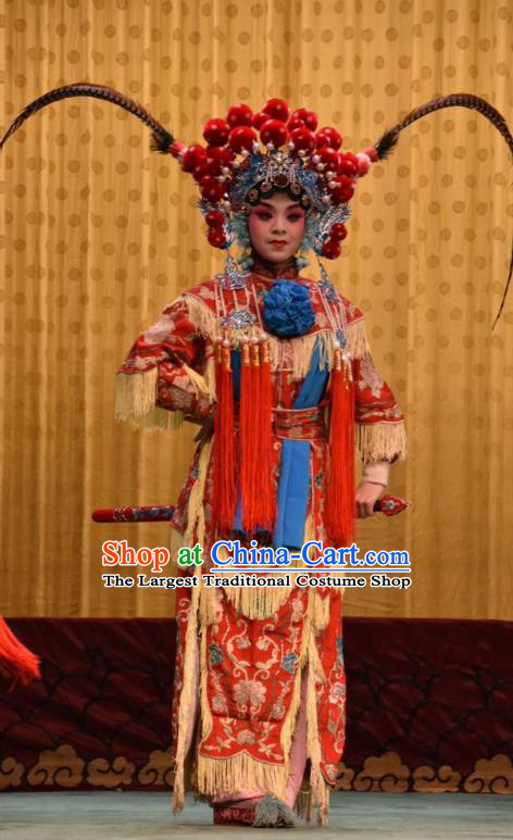 Chinese Jin Opera Female Warrior Garment Costumes and Headdress Jin Sha Tan Traditional Shanxi Opera Soldier Dress Martial Woman Red Apparels