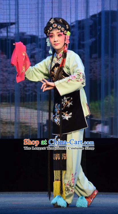 Chinese Jin Opera Village Girl Su Wujuan Garment Costumes and Headdress Fifteen Strings of Cash Traditional Shanxi Opera Young Lady Dress Xiaodan Apparels