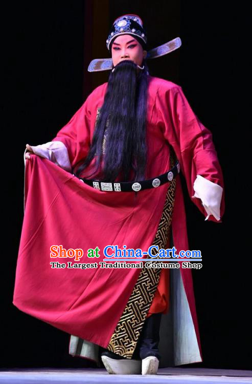 Fifteen Strings of Cash Chinese Shanxi Opera Laosheng Apparels Costumes and Headpieces Traditional Jin Opera Elderly Male Garment Red Official Clothing