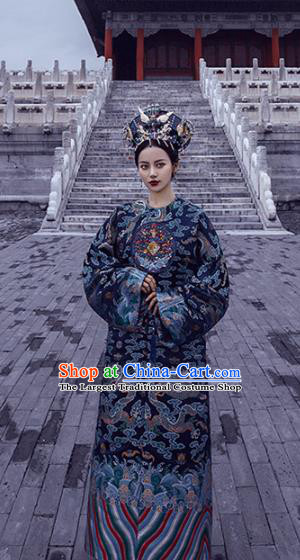 Chinese Qing Dynasty Noble Female Historical Costumes Traditional Manchu Apparels Ancient Imperial Consort Hanfu Dress and Headdress for Women