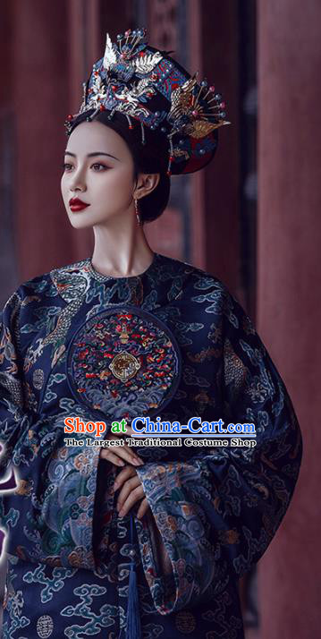Chinese Qing Dynasty Noble Female Historical Costumes Traditional Manchu Apparels Ancient Imperial Consort Hanfu Dress and Headdress for Women