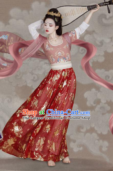 Chinese Tang Dynasty Palace Princess Historical Costumes Traditional Dunhuang Flying Apsaras Apparels Ancient Goddess Hanfu Dress and Headdress Complete Set