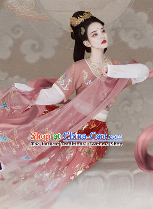 Chinese Tang Dynasty Palace Princess Historical Costumes Traditional Dunhuang Flying Apsaras Apparels Ancient Goddess Hanfu Dress and Headdress Complete Set