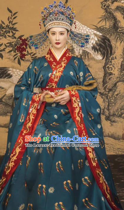 Chinese Song Dynasty Imperial Empress Historical Costumes Traditional Court Apparels Ancient Royal Queen Hanfu Dress and Headdress Complete Set