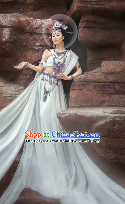 Chinese Traditional Dunhuang Flying Apsaras Apparels Tang Dynasty Palace Lady Historical Costumes Ancient Goddess White Hanfu Dress and Headpieces Complete Set