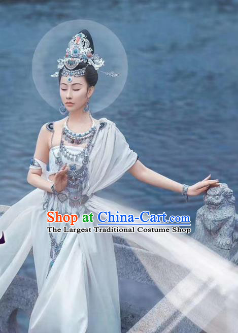 Chinese Traditional Dunhuang Flying Apsaras Apparels Tang Dynasty Palace Lady Historical Costumes Ancient Goddess White Hanfu Dress and Headpieces Complete Set