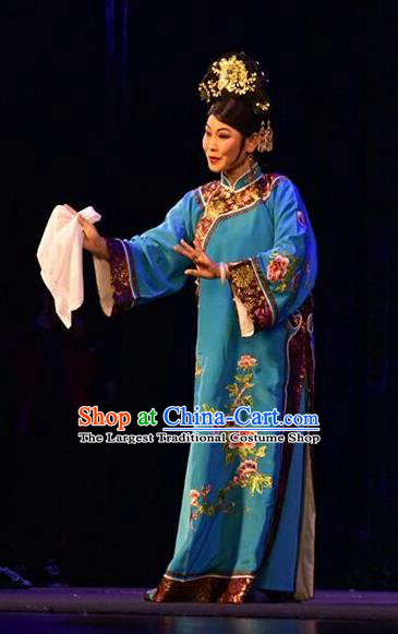 Chinese Jin Opera Young Mistress Garment Costumes and Headdress Da Qing Yu Shi Traditional Shanxi Opera Hua Tan Dress Qing Dynasty Woman Apparels