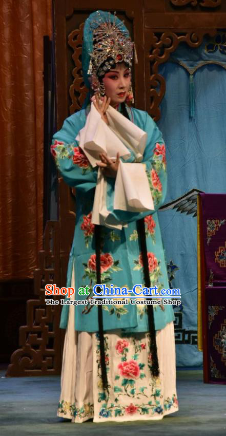 Chinese Jin Opera Young Female Garment Costumes and Headdress Fu Gui Tu Traditional Shanxi Opera Actress Yin Bilian Blue Dress Diva Apparels