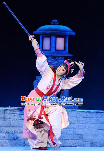 Chinese Jin Opera Female Swordsman Garment Costumes and Headdress Ba Ersi Yu Shi Traditional Shanxi Opera Young Lady Dress Wudan Apparels