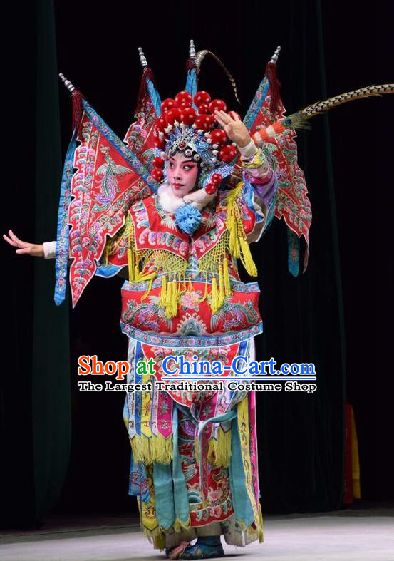 Chinese Jin Opera Female General Mu Guiying Garment Costumes and Headdress San Guan Dian Shuai Traditional Shanxi Opera Tao Ma Tan Dress Red Kao Apparels with Flags