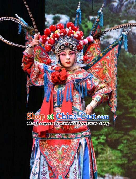 Chinese Jin Opera Female General Mu Guiying Garment Costumes and Headdress San Guan Dian Shuai Traditional Shanxi Opera Tao Ma Tan Dress Red Kao Apparels with Flags