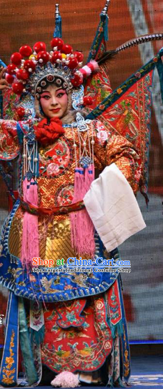 Chinese Jin Opera Tao Ma Tan Garment Costumes and Headdress San Guan Dian Shuai Traditional Shanxi Opera Red Dress Female General Mu Guiying Apparels with Flags