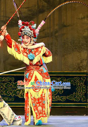 Chinese Jin Opera Swordswoman Garment Costumes and Headdress San Guan Dian Shuai Traditional Shanxi Opera Red Dress Female General Mu Guiying Apparels