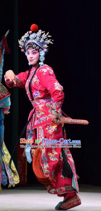 Chinese Jin Opera Female Swordsman Garment Costumes and Headdress San Guan Dian Shuai Traditional Shanxi Opera Dress Martial Woman Rosy Apparels