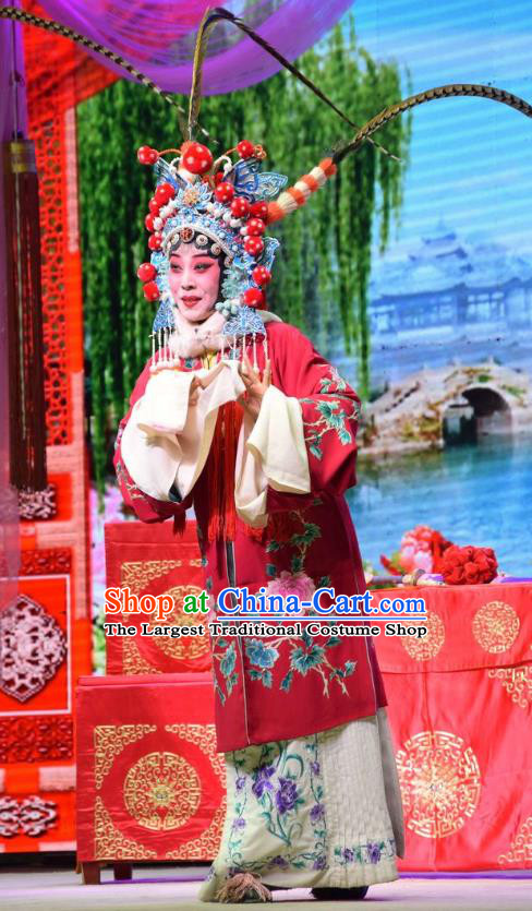 Chinese Jin Opera Bride Mu Guiying Garment Costumes and Headdress San Guan Dian Shuai Traditional Shanxi Opera Martial Female Dress Hua Tan Apparels