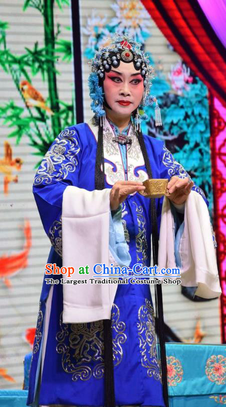 Chinese Jin Opera Young Female Garment Costumes and Headdress Xia He Dong Traditional Shanxi Opera Actress Apparels Mistress Blue Dress