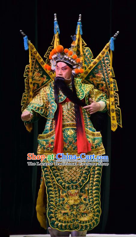 Xia He Dong Chinese Shanxi Opera General Green Kao Apparels Costumes and Headpieces Traditional Jin Opera Garment Military Officer Huyan Shouting Clothing with Flags