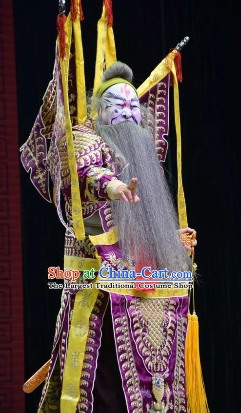 Xia He Dong Chinese Shanxi Opera General Apparels Costumes and Headpieces Traditional Jin Opera Garment Marshal Ouyang Fang Purple Kao Clothing with Flags