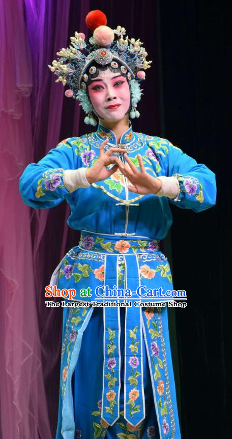 Chinese Jin Opera Female Swordsman Garment Costumes and Headdress Xia He Dong Traditional Shanxi Opera Young Beauty Apparels Wudan Huyan Xiuying Blue Dress