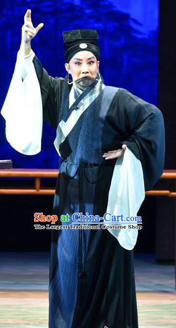 Lan Ke Mountain Chinese Shanxi Opera Elderly Male Apparels Costumes and Headpieces Traditional Jin Opera Laosheng Garment Zhu Maichen Black Clothing