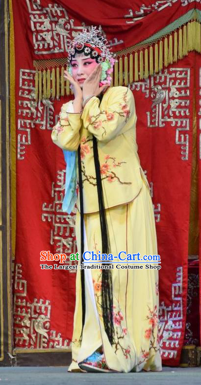 Chinese Jin Opera Actress Yin Bilian Garment Costumes and Headdress Fu Gui Tu Traditional Shanxi Opera Young Beauty Yellow Dress Hua Tan Apparels