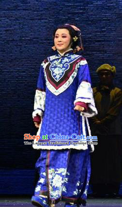 Chinese Jin Opera Diaforce Garment Costumes and Headdress Wang Jia Da Yuan Traditional Shanxi Opera Rich Woman Dress Dame Blue Apparels