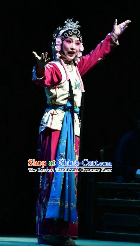 Chinese Jin Opera Servant Girl Garment Costumes and Headdress Hua Tian Cuo Traditional Shanxi Opera Xiaodan Apparels Maid Lady Chun Lan Dress