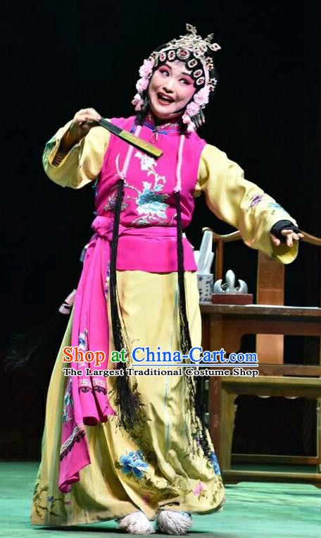 Chinese Jin Opera Xiaodan Garment Costumes and Headdress Hua Tian Cuo Traditional Shanxi Opera Maid Lady Chun Lan Apparels Servant Girl Dress