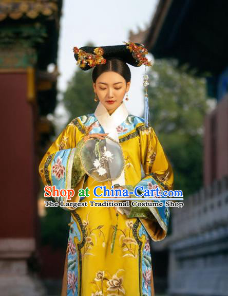 Chinese Traditional Qing Dynasty Manchu Lady Apparels Imperial Consort Historical Costumes Ancient Court Woman Hanfu Dress and Headpieces Complete Set