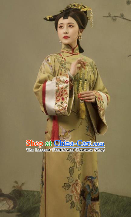 Chinese Traditional Qing Dynasty Imperial Consort Historical Costumes Ancient Royal Queen Hanfu Dress Manchu Empress Apparels and Headpieces Complete Set