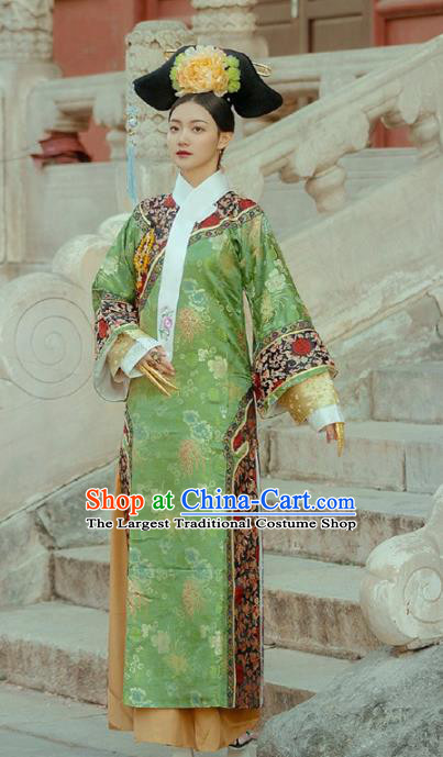 Chinese Traditional Drama Green Hanfu Dress Ancient Apparels Qing Dynasty Imperial Consort Historical Costumes and Headdress Complete Set for Women