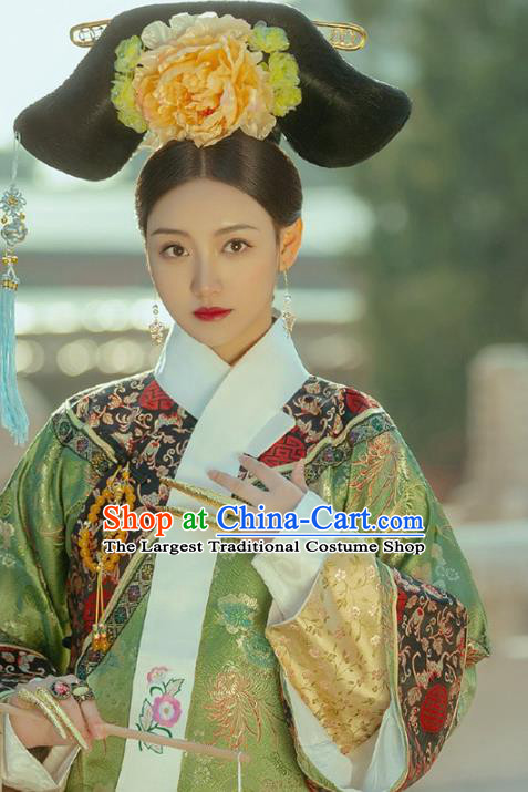 Chinese Traditional Drama Green Hanfu Dress Ancient Apparels Qing Dynasty Imperial Consort Historical Costumes and Headdress Complete Set for Women