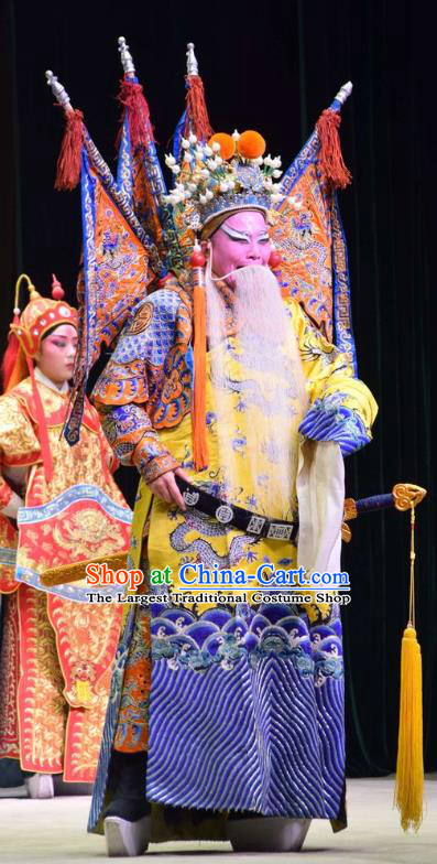 Xia He Dong Chinese Shanxi Opera Emperor Zhao Kuangyin Apparels Costumes and Headpieces Traditional Jin Opera Marshal Garment Elderly Male Armor Clothing with Flags