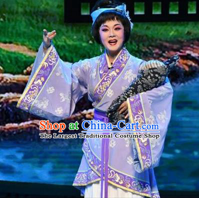 Chinese Jin Opera Country Woman Garment Costumes and Headdress Qing Ming Traditional Shanxi Opera Young Female Apparels Actress Purple Dress
