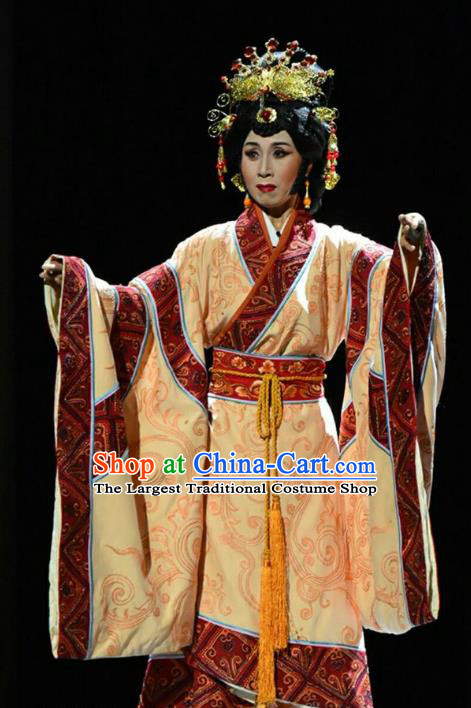 Chinese Jin Opera Noble Female Garment Costumes and Headdress Qing Ming Traditional Shanxi Opera Queen Apparels Empress Dress