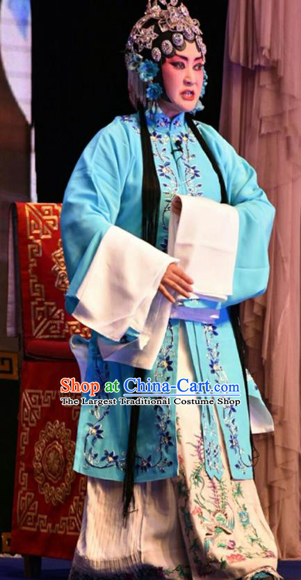 Chinese Jin Opera Diva Li Sanniang Garment Costumes and Headdress Bai Tu Ji Traditional Shanxi Opera Actress Apparels Young Female Blue Dress