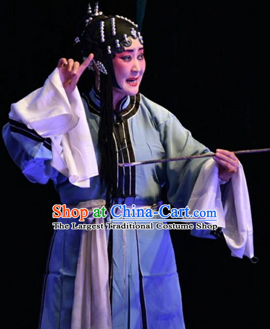 Chinese Jin Opera Distress Woman Garment Costumes and Headdress Bai Tu Ji Traditional Shanxi Opera Diva Li Sanniang Apparels Young Female Blue Dress