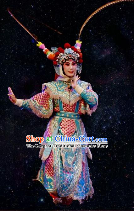 Chinese Jin Opera Wudan Garment Costumes and Headdress Lu Hua River Traditional Shanxi Opera Martial Female Apparels Swordswoman Fan Lihua Dress