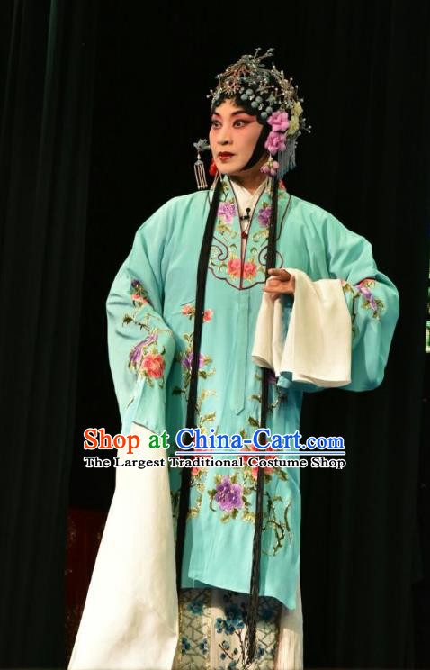 Chinese Jin Opera Young Female Garment Costumes and Headdress Zhao Jintang Traditional Shanxi Opera Actress Apparels Diva Blue Dress