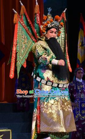 Mulan Joins the Army Chinese Shanxi Opera General Green Kao Apparels Costumes and Headpieces Traditional Jin Opera Marshal He Garment Clothing with Flags