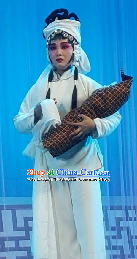 Chinese Jin Opera Distress Maiden Garment Costumes and Headdress Chun Jiang Yue Traditional Shanxi Opera Young Female Apparels Diva Liu Mingyue Dress