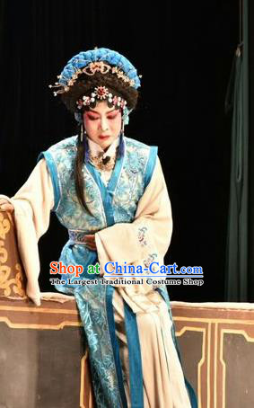 Chinese Jin Opera Distress Maiden Garment Costumes and Headdress Tears in Suzhou Traditional Shanxi Opera Diva Wang Lianjuan Apparels Actress Blue Dress