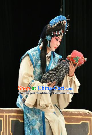 Chinese Jin Opera Distress Maiden Garment Costumes and Headdress Tears in Suzhou Traditional Shanxi Opera Diva Wang Lianjuan Apparels Actress Blue Dress
