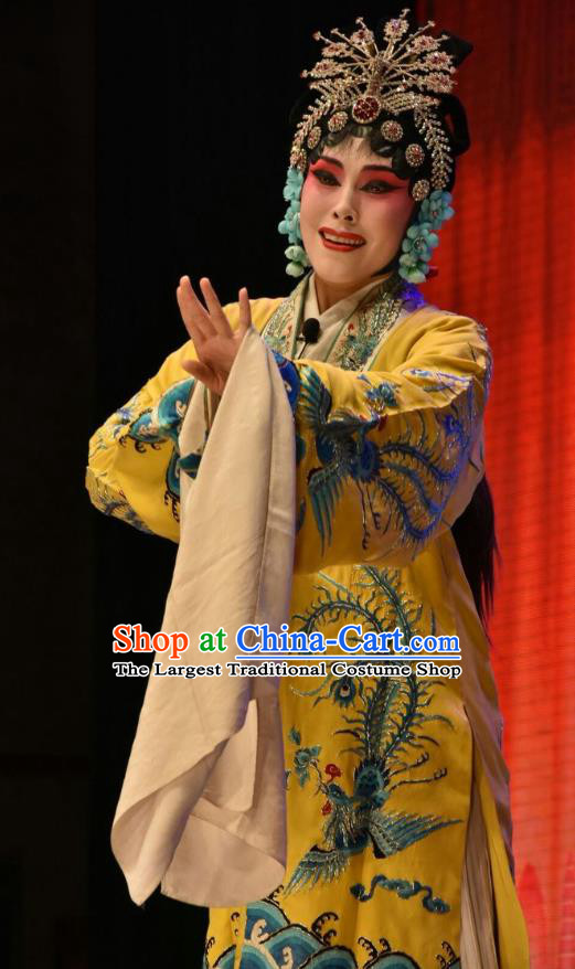 Chinese Jin Opera Palace Queen Garment Costumes and Headdress Shen Gong Qing Hun Traditional Shanxi Opera Hua Tan Apparels Actress Yellow Dress