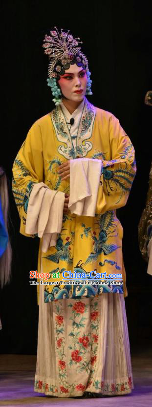 Chinese Jin Opera Palace Queen Garment Costumes and Headdress Shen Gong Qing Hun Traditional Shanxi Opera Hua Tan Apparels Actress Yellow Dress
