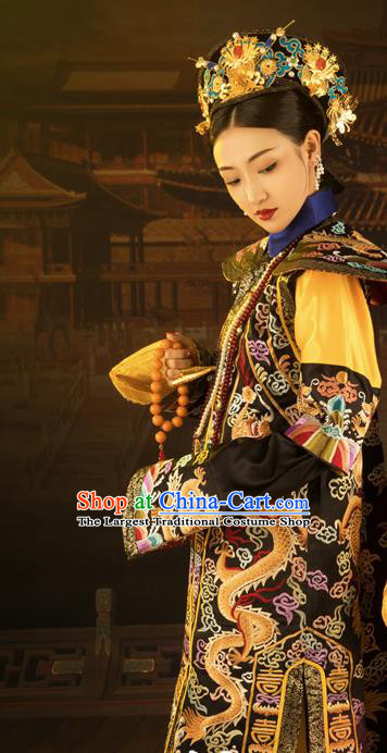 Chinese Drama Ancient Manchu Queen Hanfu Dress Apparels Traditional Qing Dynasty Royal Empress Historical Costumes and Headdress Complete Set