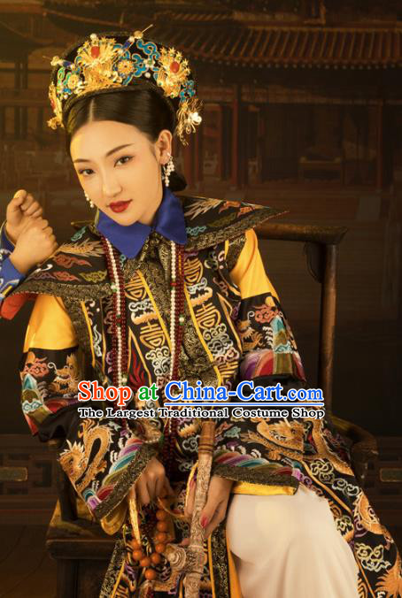 Chinese Drama Ancient Manchu Queen Hanfu Dress Apparels Traditional Qing Dynasty Royal Empress Historical Costumes and Headdress Complete Set