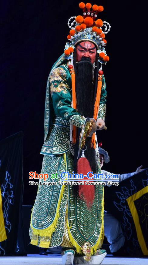 Guan Gong Chinese Shanxi Opera Martial Male Guan Yu Apparels Costumes and Headpieces Traditional Jin Opera General Garment Painted Role Green Armor Clothing