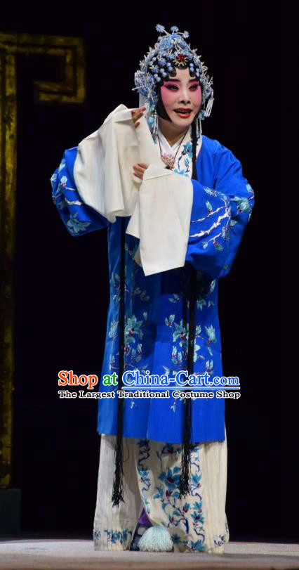 Chinese Jin Opera Young Female Garment Costumes and Headdress Guan Gong Traditional Shanxi Opera Actress Apparels Rani Blue Dress