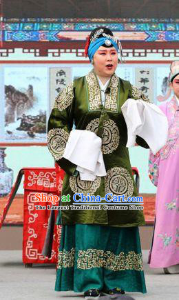 Chinese Jin Opera Elderly Female Garment Costumes and Headdress Shuang Luo Shan Traditional Shanxi Opera Dame Apparels Pantaloon Green Dress